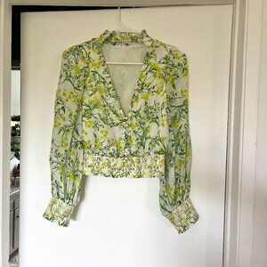 Alice + Olivia Callico Floral Cotton & Silk Crop Blouse